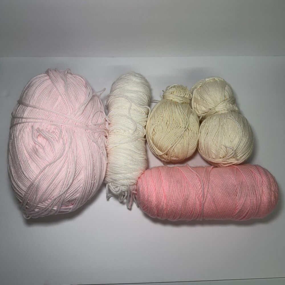 Lot of 5 Skeins of Yard Assorted Sizes and Types Light/Dark Pink, Cream, White
